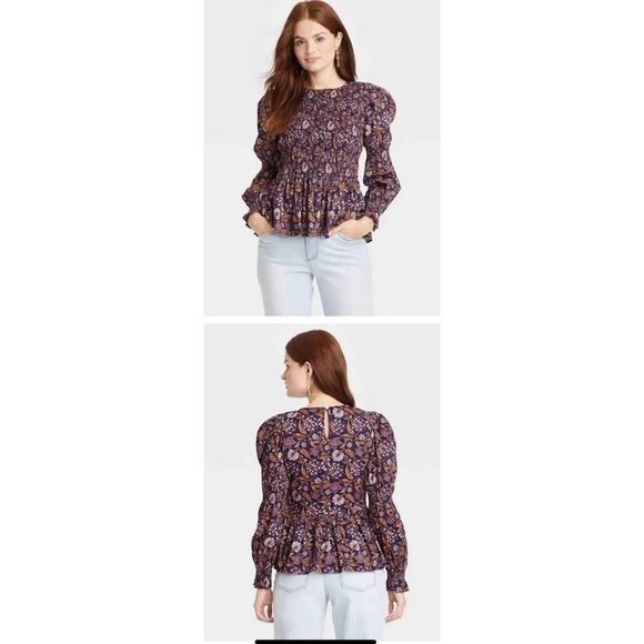 Universal Thread Womens Floral Puff Sleeve Smocked Bodice Blouse Purple Size L - Picture 2 of 7